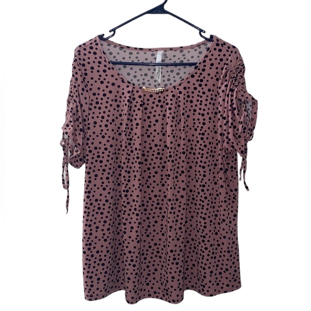 NY Women’s collection pink and black polkadot blouse scrunch tie sleeves Size 1X